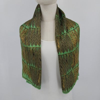 Vera Leaf Print Scarf Green Brown 14" x 44" Rectangle 100% Acetate Japan Vintage