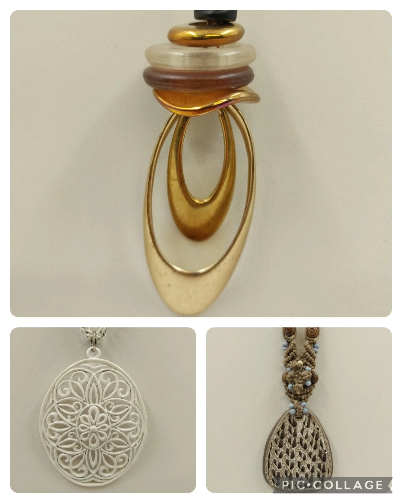 Lot 3 Pendant Necklaces White Enamel Filagree Gold Tone Signed PHD Clay Cor