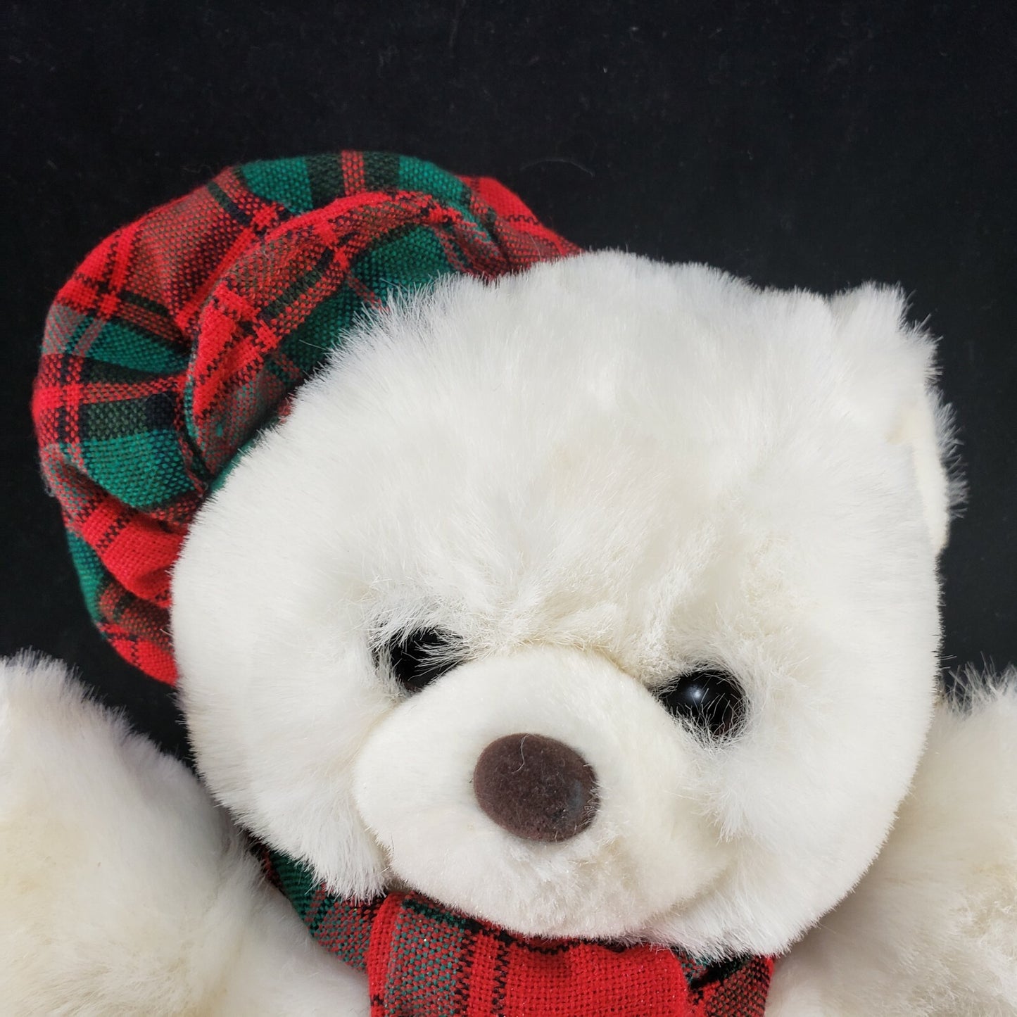 White Bear Plush 13" Red Green Plaid Hat & Scarf Stuffed Animal Button Eyes Nose