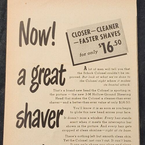 Schick Electric Shaver Closer Cleaner Faster Shaves 1948 Vintage Print Ad