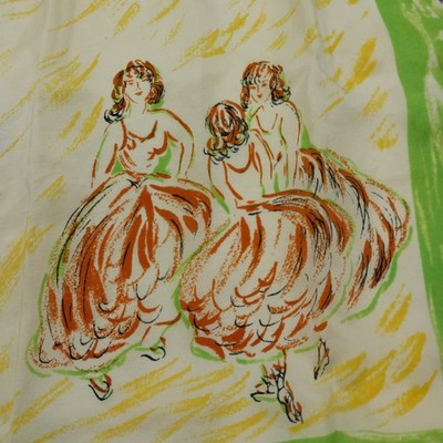 Dancing Ladies Silk Blend Scarf 34" Square Brown Yellow Green Ethnic Pattern