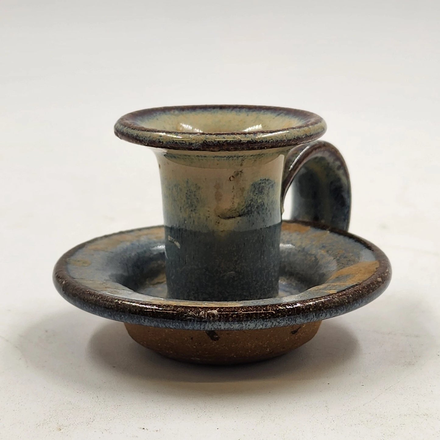 Doug Sassi Signed Pottery Candle Holder Vintage Blue Brown Handcrafted 4" x 2.5"