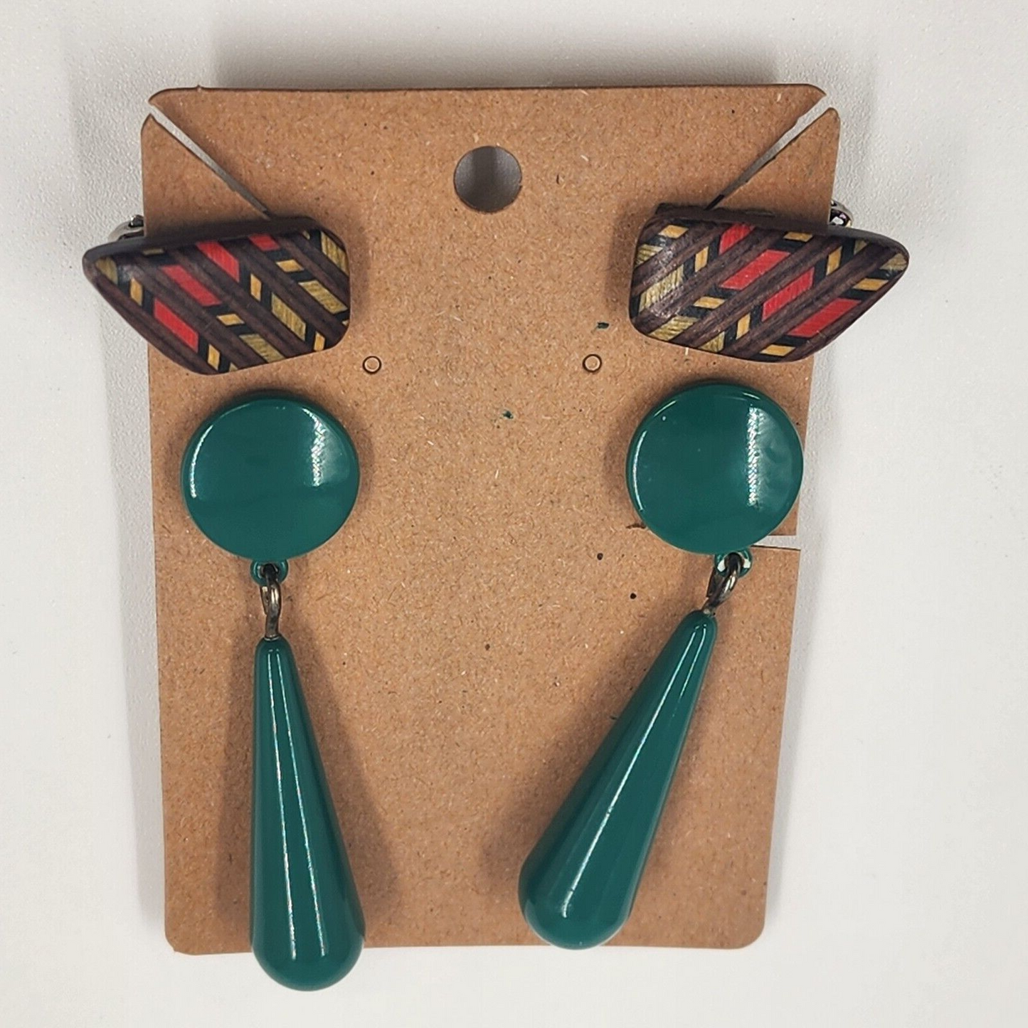 2 Pair Clip-On Earrings Teal Lucite Drop Dangle & Brown w Red Beige Stripes Vtg
