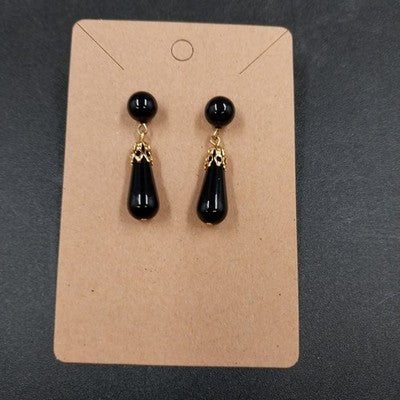 Black & Gold Tone Chunky Long Teardrop & Round Onyx Dangle Drop Earrings 1.25"
