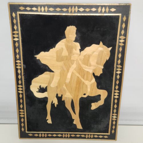 Horse & Rider Wood Inlay Marquetry Wall Art Border Panel Velvet Background 10"w