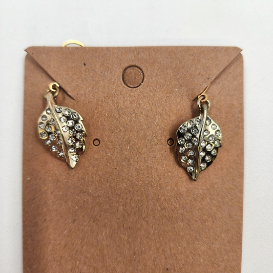Gold Tone with Rhinestones Clear Crystal Leaf Shaped Drop Dangle Earrings 1.25"