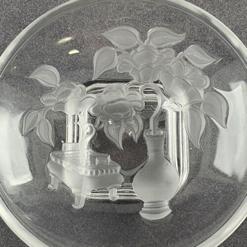 Verlys Art Deco Frosted Floral Intaglio Glass Dish – Clear Bowl with Tab Handles – Made in USA