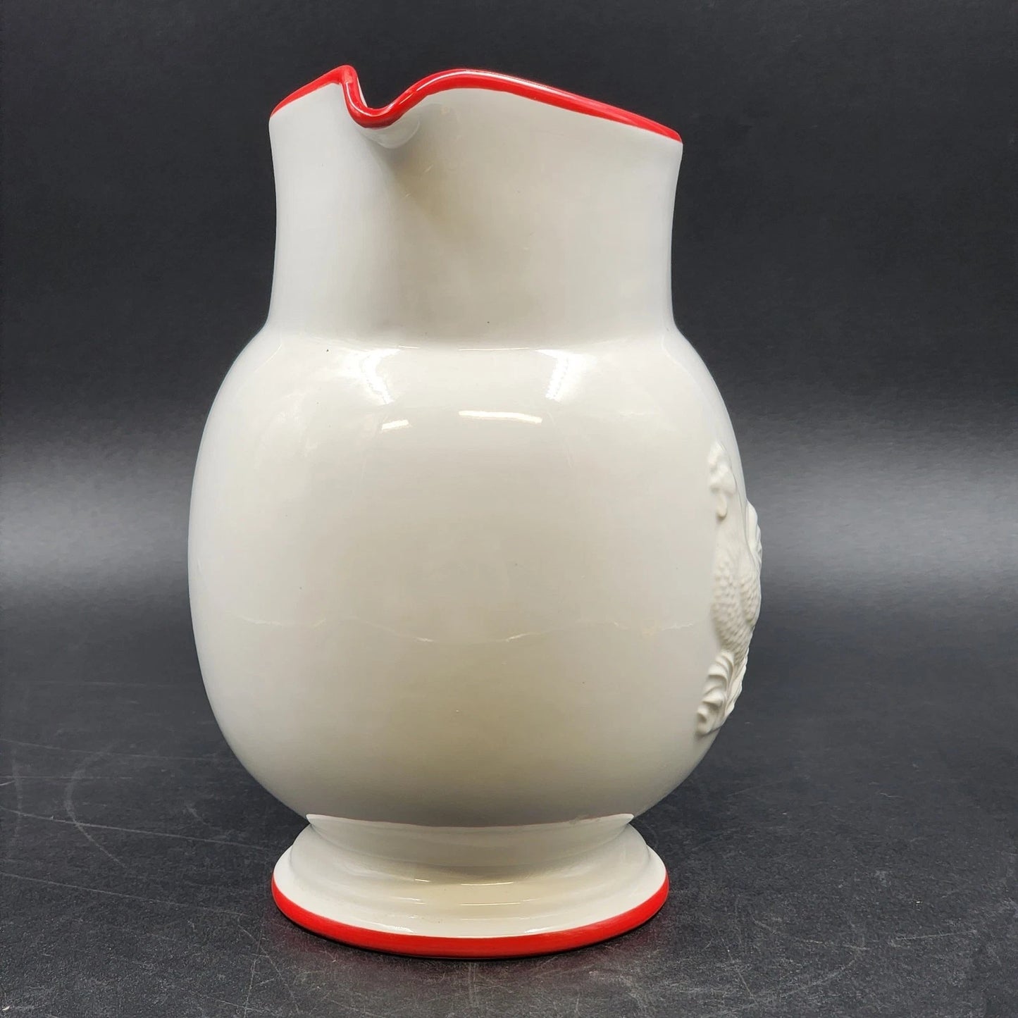 Four’s Gift Rooster Pitcher 9.5" White Ceramic Red Trim w Handle 2003 Farmhouse