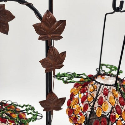 2 Beaded Pumpkin Tea Lite Holders Home Interiors w Free Standing Metal Stand NOS