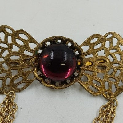 Gold Tone Filagree Metal Work & Cabochon Stone with Dangling Multi Chains Brooch