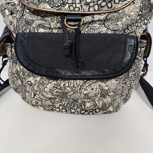 Sakroots Black White Flap Backpack Drawstring Peace Pattern Cotton Leather Trim
