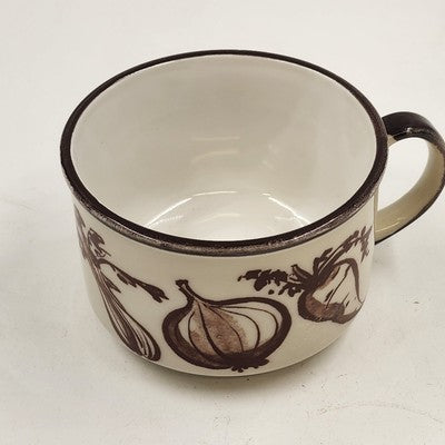 Ceramic Stoneware Cream & Brown w Stylized Vegetable Design Soup Mug Japan 16oz