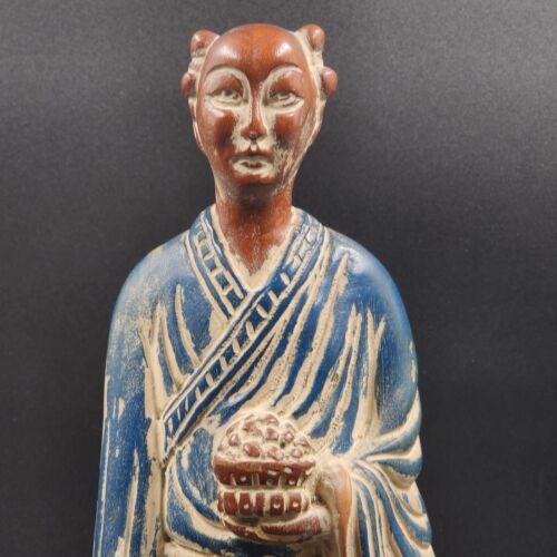 Pair of Asian Chinese Hand Carved Painted Wood Figurine Statues Vintage 14"