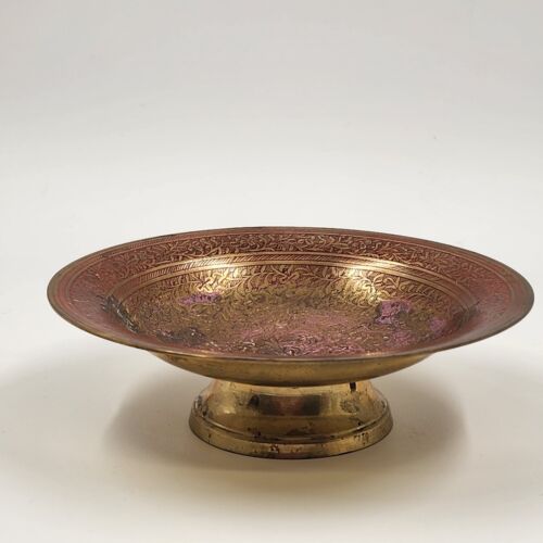 Brass Bowl Pedestal Footed with Floral Pattern 7" Across Asian Red and Pink