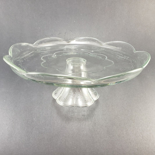Blossom Pattern Clear Glass Pedestal Cake Stand Scalloped Lip Pfaltzgraff USA