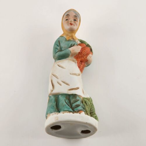 Old Woman with Carrots Porcelain Figurine Apron Yellow Scarf Vintage 6"h