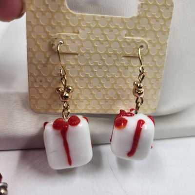 Set 2 White Red Disney Gift Box & Deep Red Wide Hoop Wavy Stud & Drop Earrings