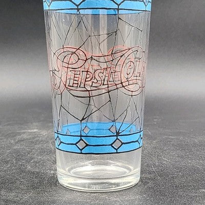Pepsi-Cola 12oz Drinking Clear Glass 6.25" Stained Glass Tiffany Style Vtg 1970s