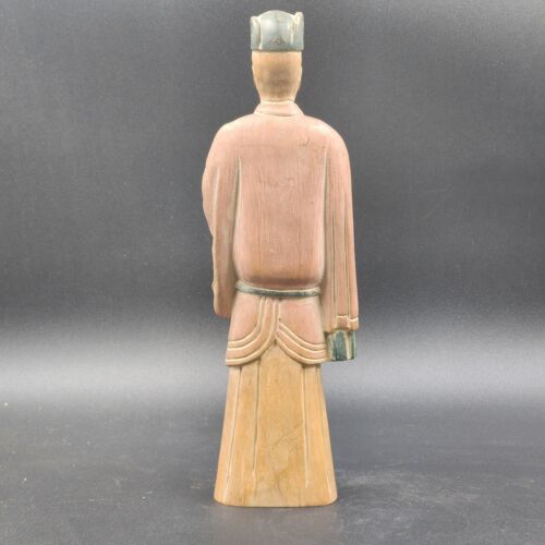 Pair of Asian Chinese Hand Carved Painted Wood Figurine Statues Vintage 14"