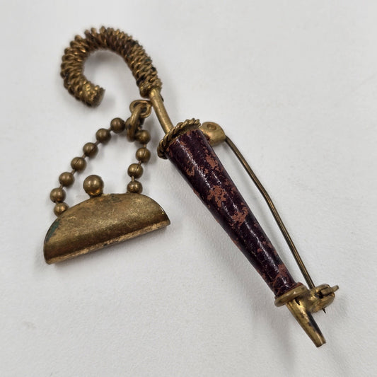 Gold Tone Umbrella with Handbag Purse Dangle Drop Brass Brooch Pin 2.5"