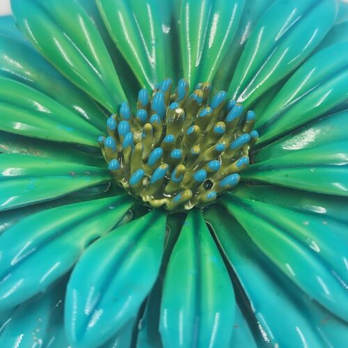 Blue Enamel Flower Brooch Vintage Metal Round Pin 3" Diameter