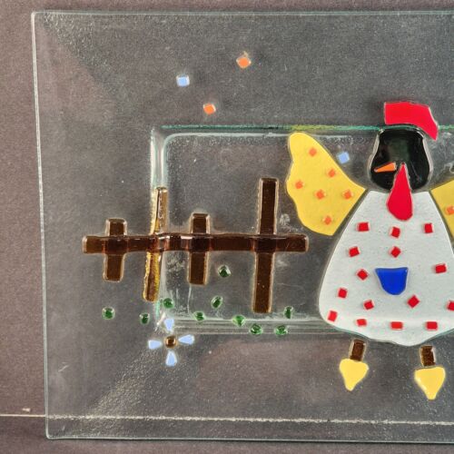 Fused Art Glass Chicken Barnyard Scene on Heavy Rectangle Large Platter 16½ x 9½