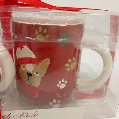 2 Christmas Coffee Mugs North Pole Trading Co Red Dog & Footprint w Box