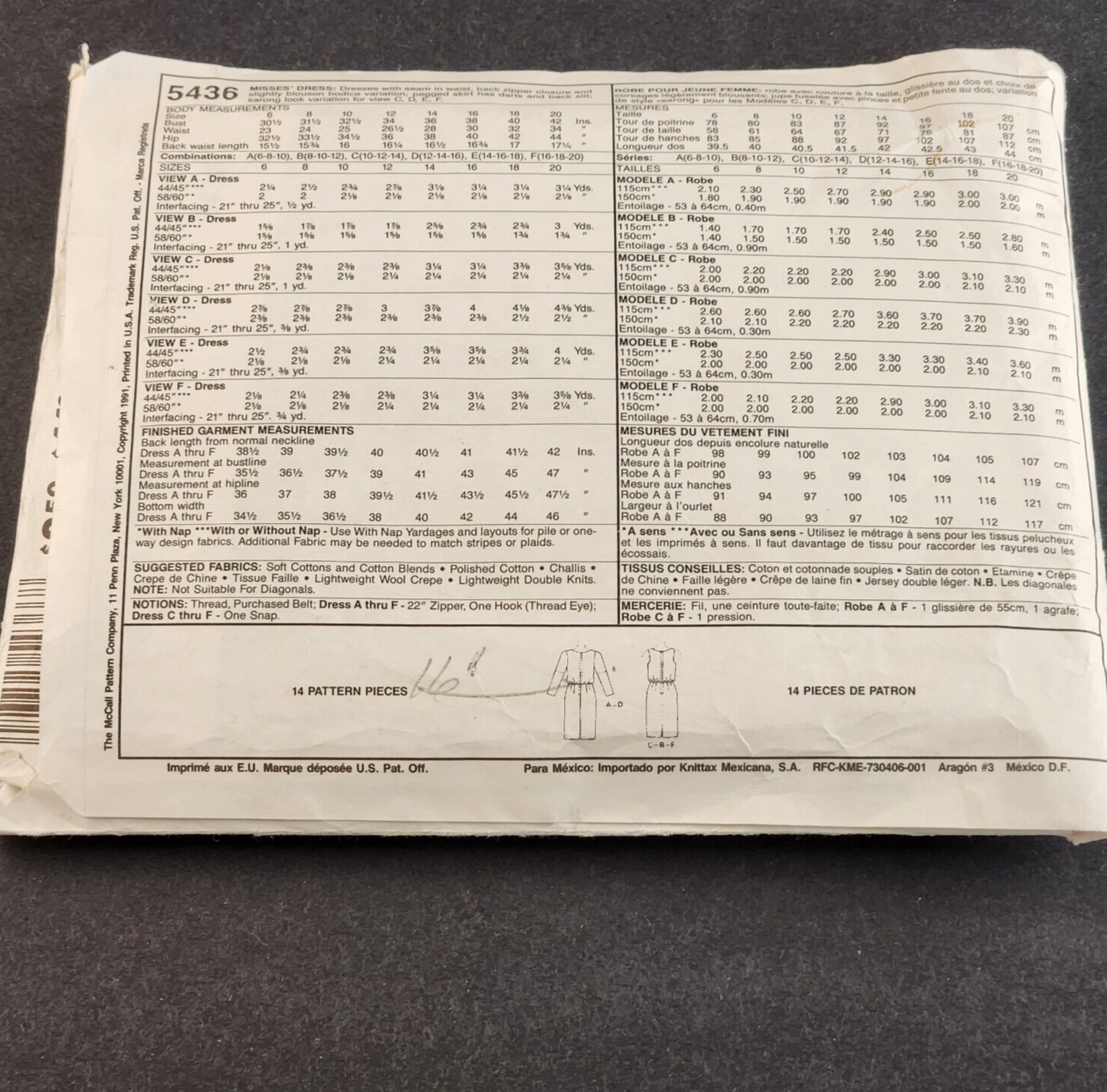 McCall's 5436 Vintage Sewing Pattern Fashion Basics Ladies Dress Size 16 18 20