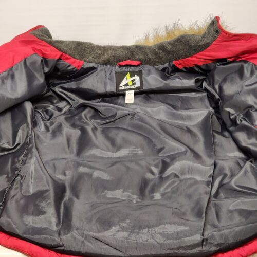 Athletech Puffer Coat Women’s Small Red Down Detachable Faux Fur Hood Zips Snaps