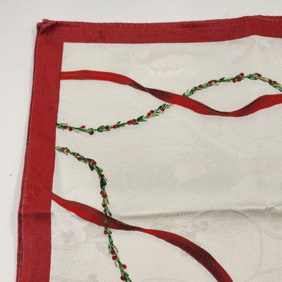 Set of 4 White Red Christmas Napkins 17x16" Holly Design Red Border Hemmed