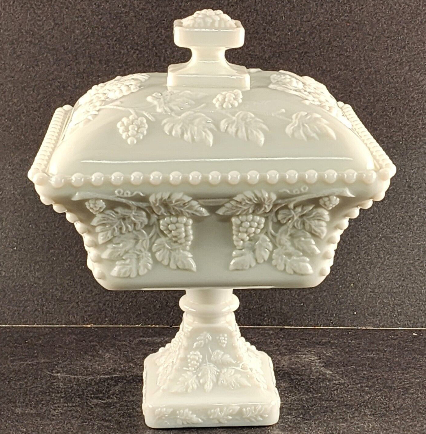 Large Milk Glass Square Compote & Lid Westmoreland Beaded Grape Pedestal Vintage