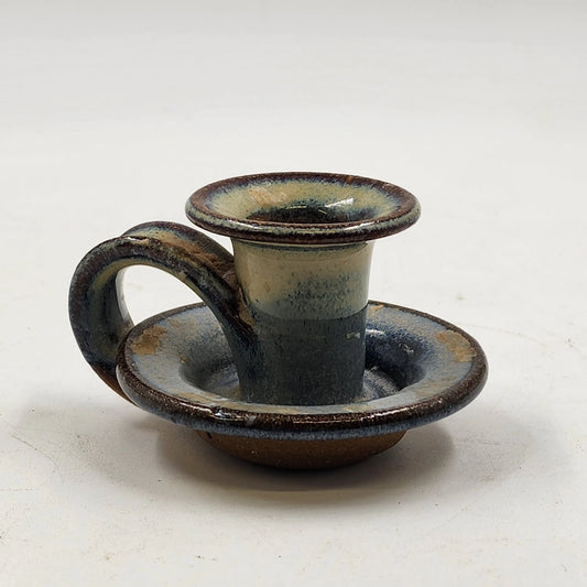 Doug Sassi Signed Pottery Candle Holder Vintage Blue Brown Handcrafted 4" x 2.5"