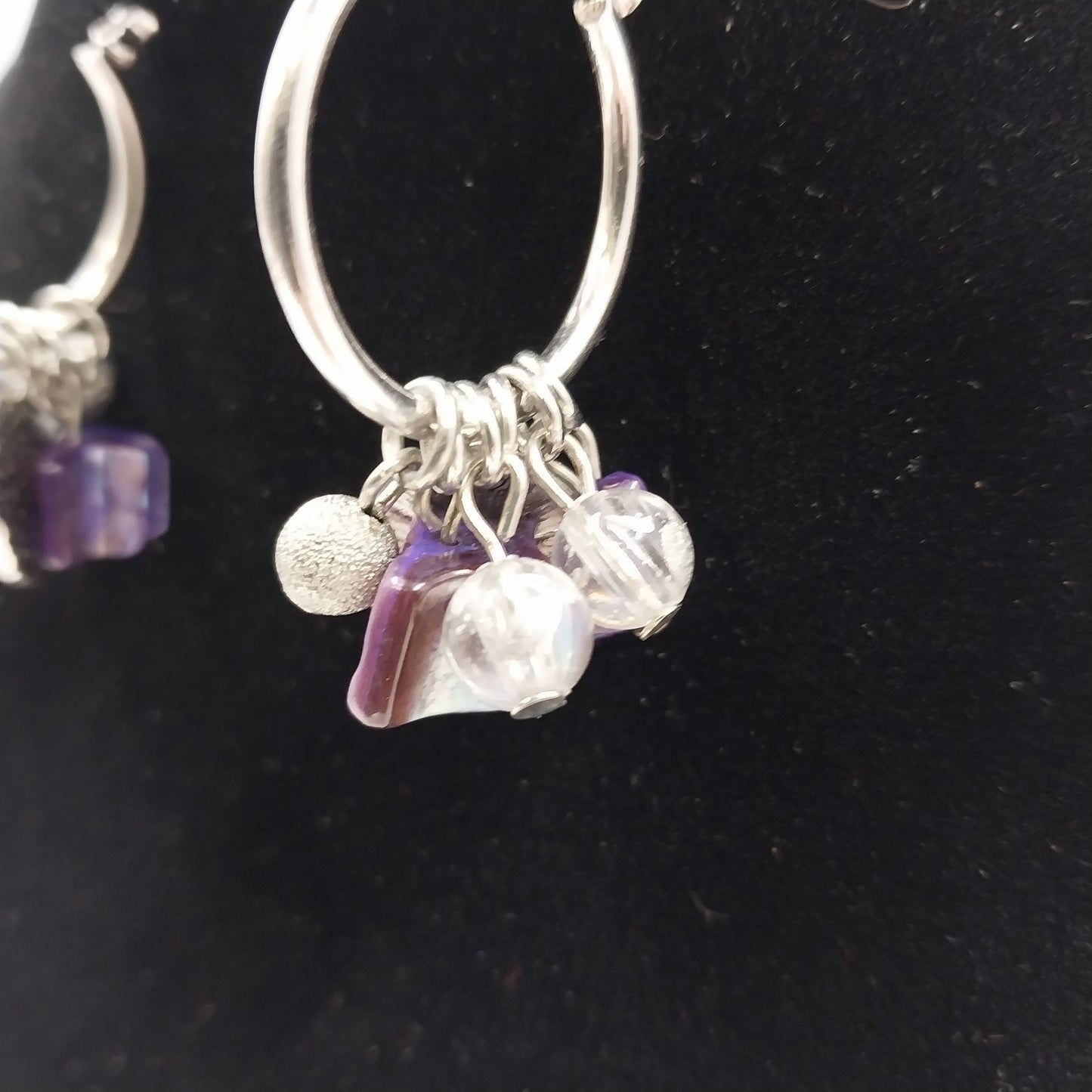 Catherines Silver Tone with Lilac Clear White Drop Dangle Beads Earrings 1"
