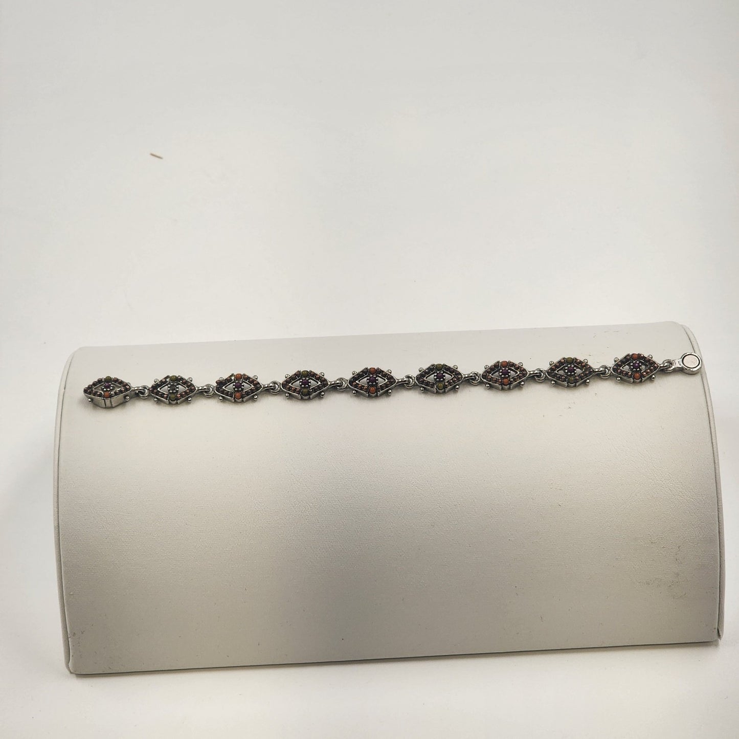 Diamond Chain w/ Orange Brown Beaded Quartz Silver Tone Magnetic Bracelet 7"