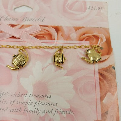 Hallmark Gold Tone Teapots Charm Dangle Bracelet 7" Toggle Closure