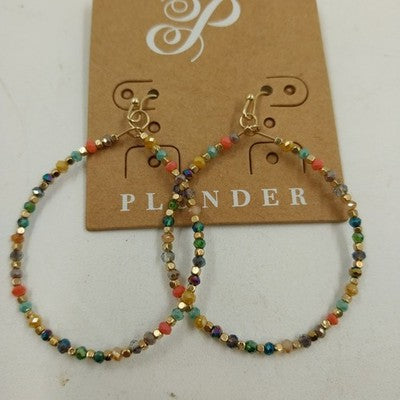 Plunder Gold Tone Chain Multicolor Faceted Beaded & Cube Gold Hoop Earrings 1.5"