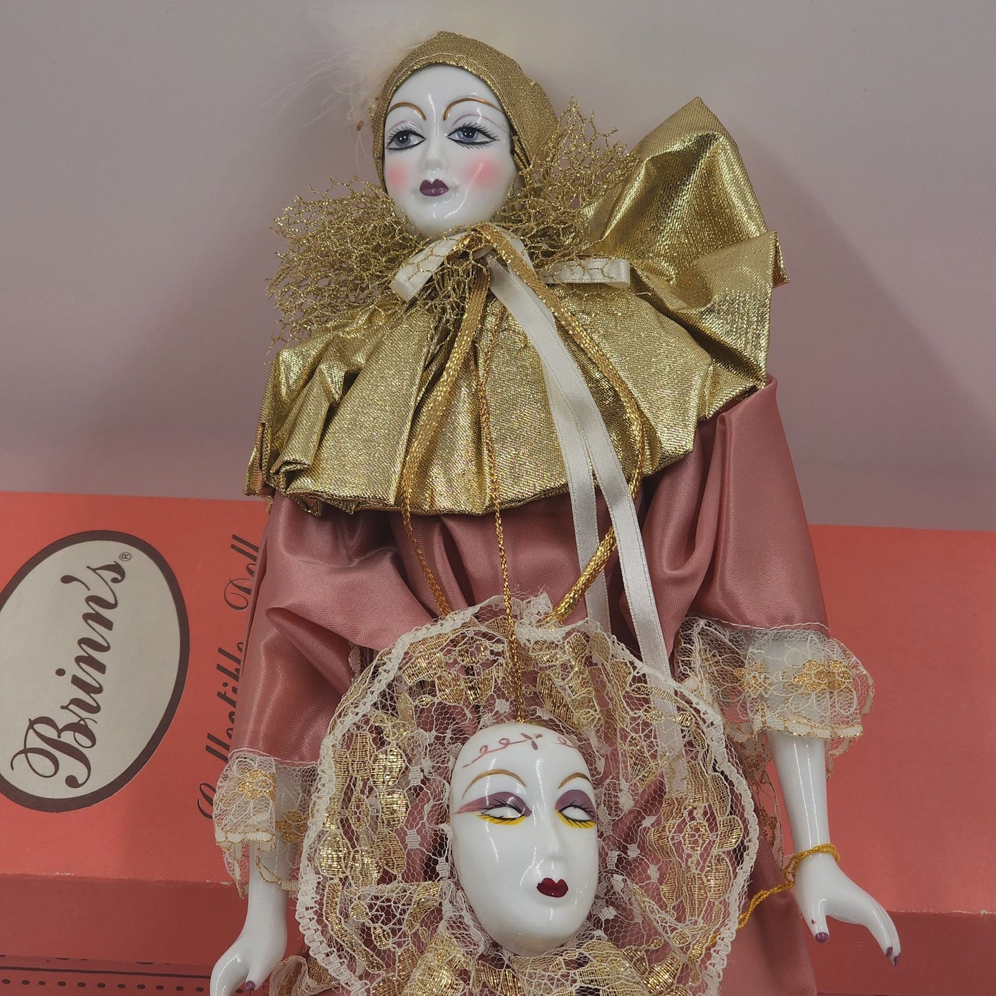 Brinn's Harlequin Porcelain Doll Mardi Gras Clown Mauve & Gold 17" 1991 COA VTG