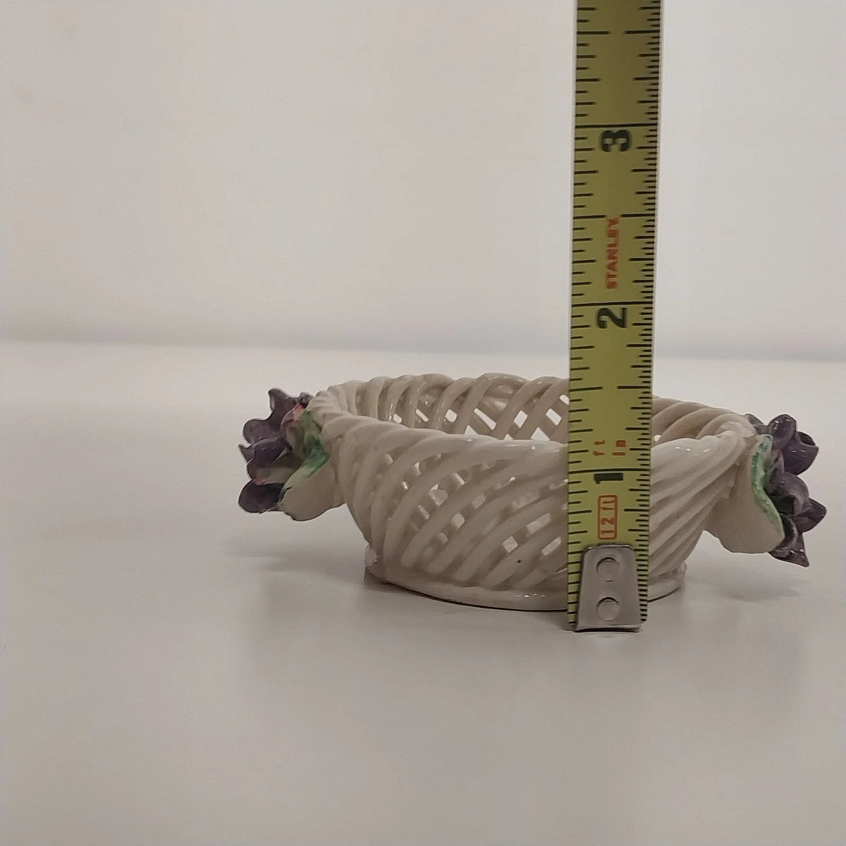 Italian Ceramic Lattice Trinkets Baskets Purple Violets Floral Pair 3" Vintage