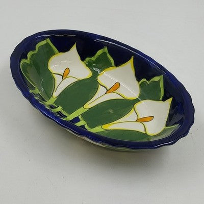 Talavera Calla Lilies Mexico Hand Painted Oval Bowl Art Pottery Signed Mexico Q