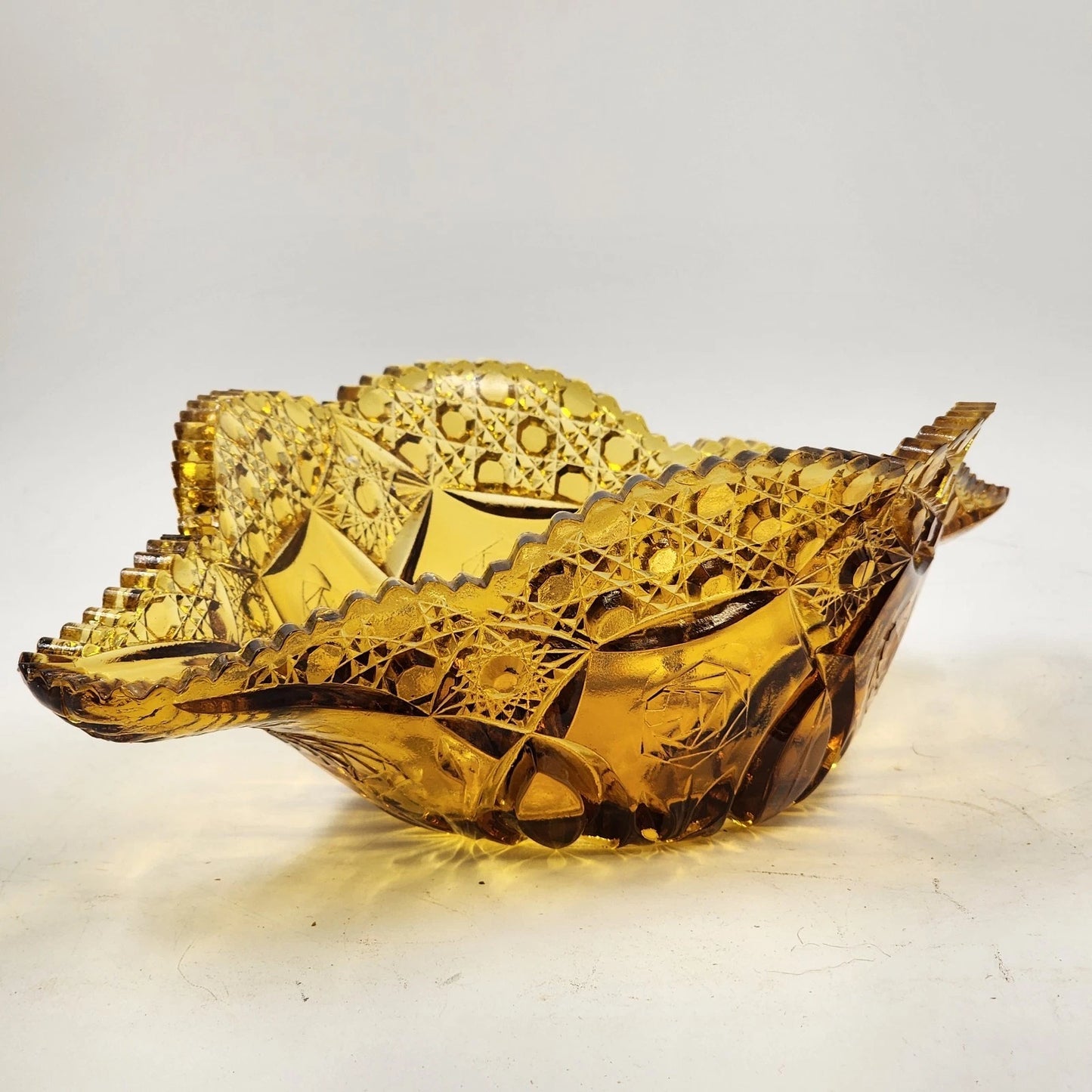 Kemple Amber Glass Napoleon Hat Banana Bowl 14.25" Wheatonware Console Dish
