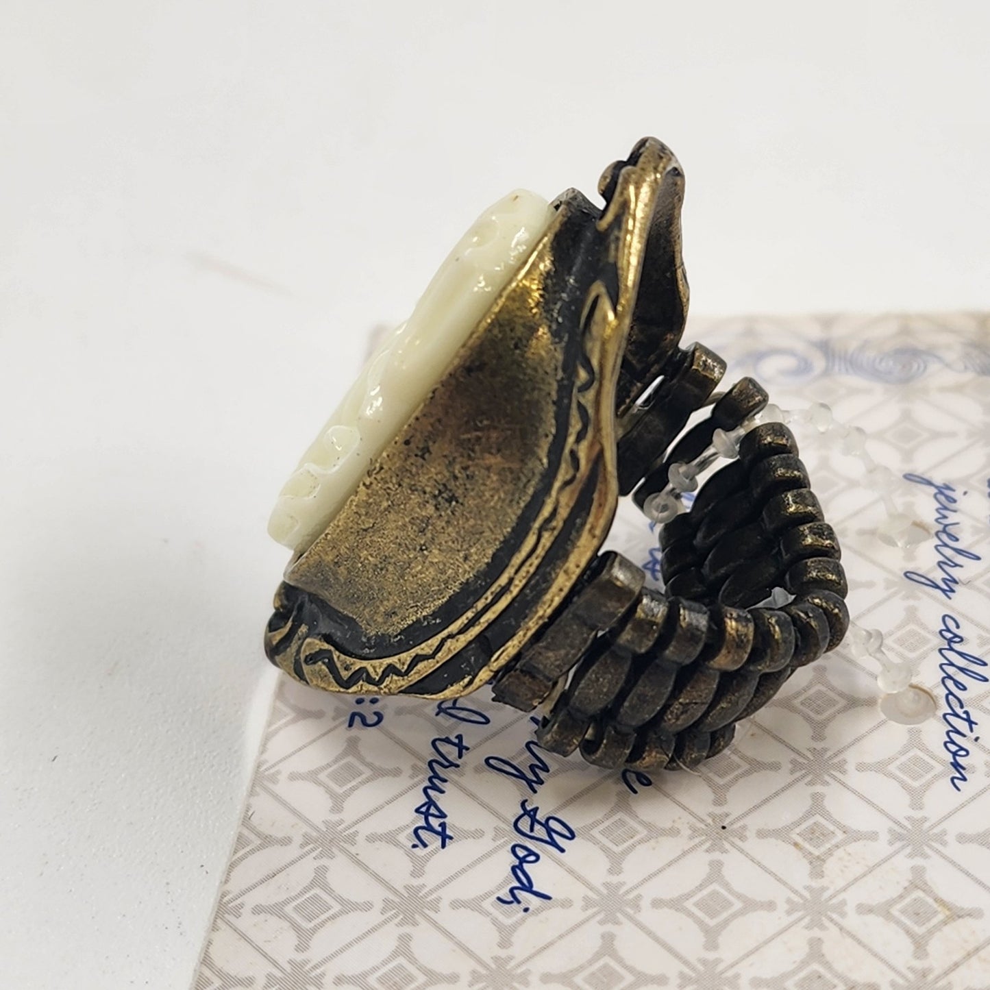 Redeemed Jewelry Ring Bronze Tone White Stone Elastic Band Psalm 91:1 & 91:2