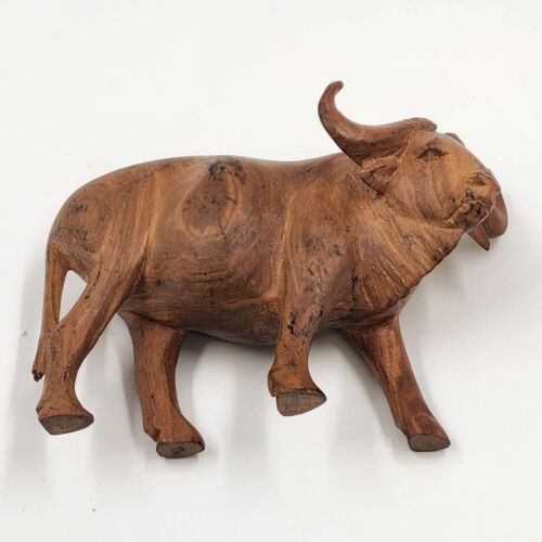 Wooden Water Buffalo Hand Carved Musk Ox Natural Hardwood Figurine 4.5