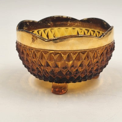 Indiana Glass Amber Diamond Point Three Foot Scalloped Gold Candy Dish Bowl 1970