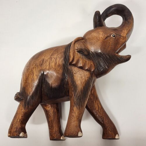 Wood Carved Elephant Painted and Stained Standing Vintage 10" L x 4½" W x 11" H