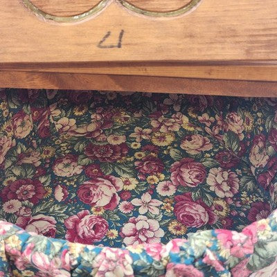 Half Bushel Wooden Sewing Basket Split Lid Heart Handle 15"x13" Floral Lined