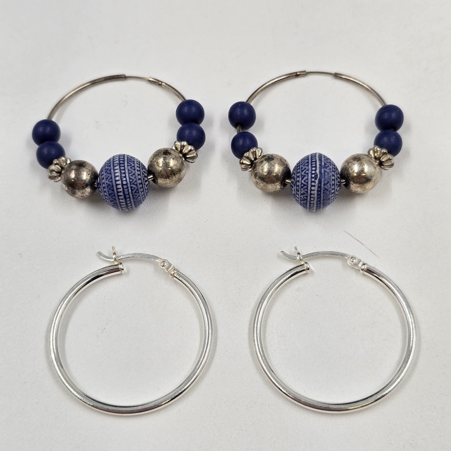 2 Set of Earrings Silver Tone Wire Hoop & Silver Tone w/ Blue Beads Floral 1.25"
