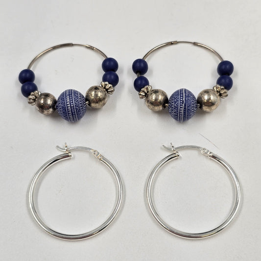 2 Set of Earrings Silver Tone Wire Hoop & Silver Tone w/ Blue Beads Floral 1.25"