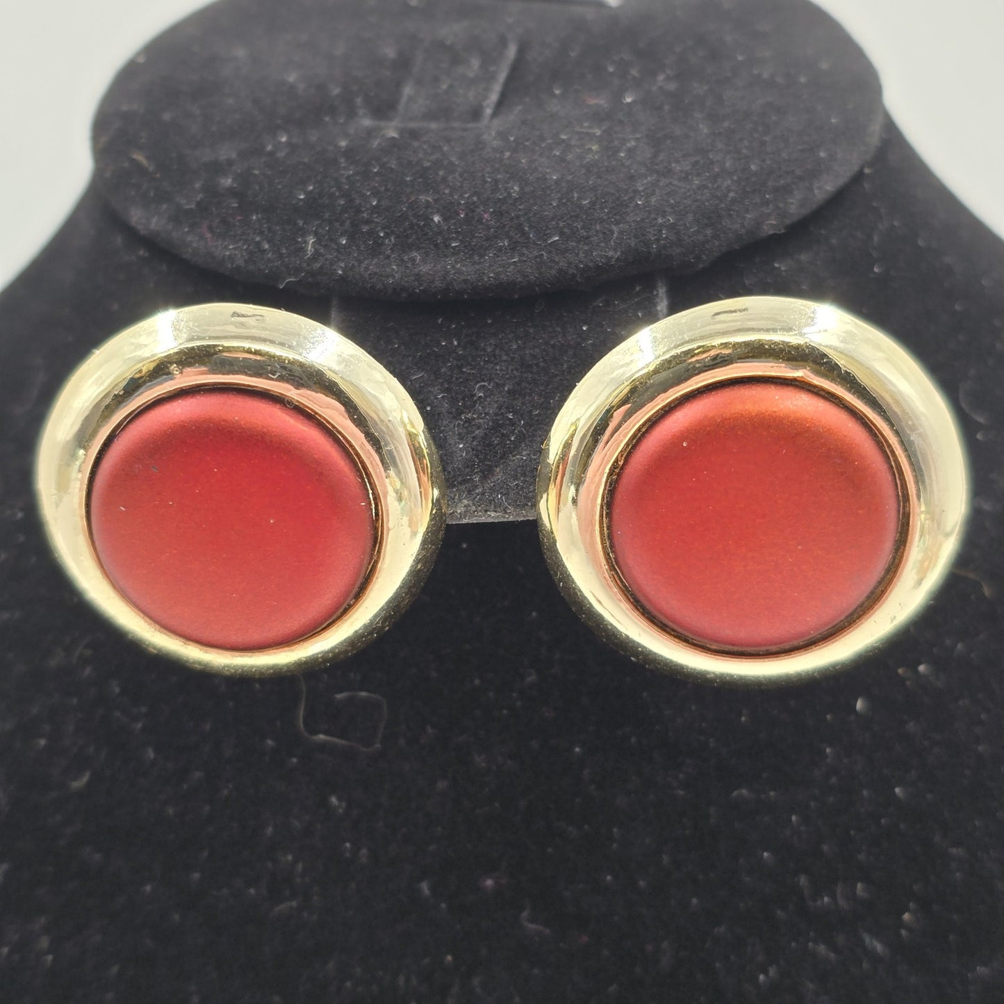 2 Round Earrings Gold Tone Copper Brown and Burgundy Red Glitters