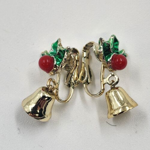 Gold Tone Holly & Bell Clip Earrings Vintage Christmas Fashion Jewelry 0.75"
