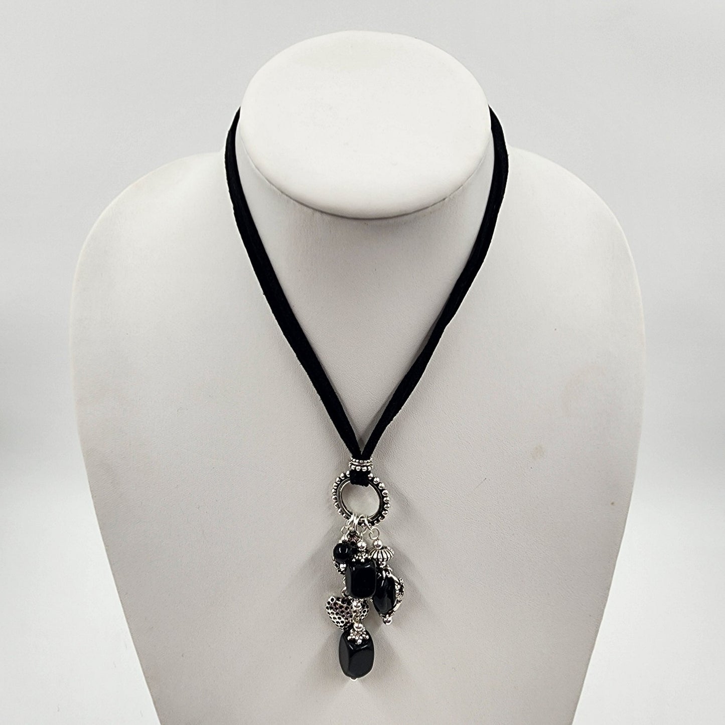 Black Corded Silver Tone Charm Heart Black Large Faux Pearl Bead Dangle Necklace